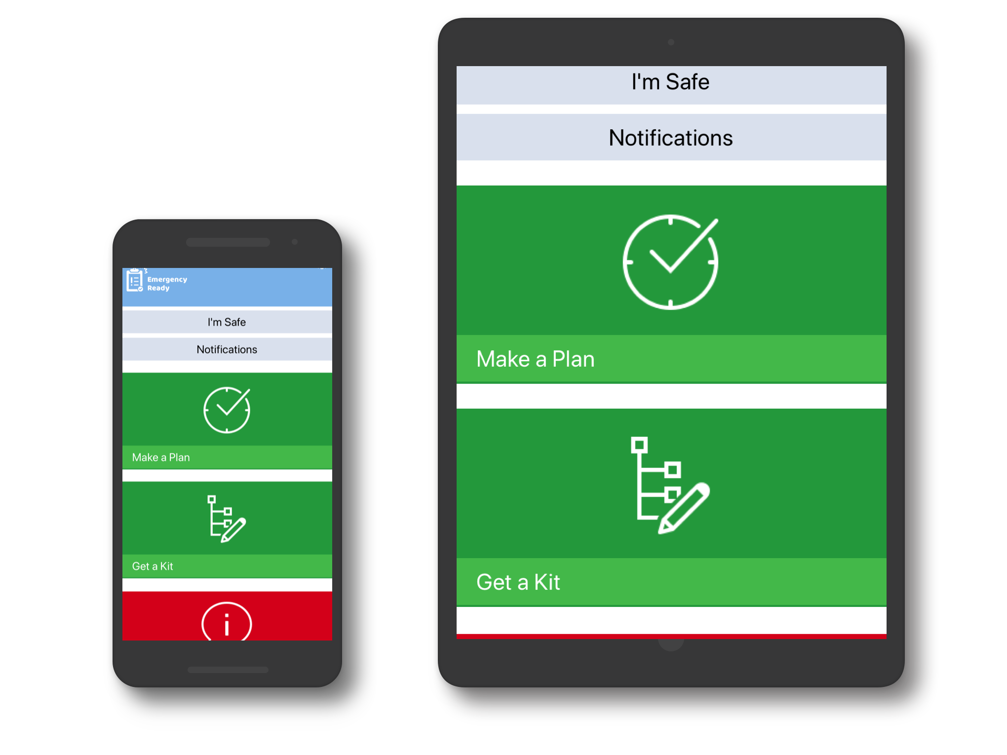 Emergency Ready app home screen on phone and tablet